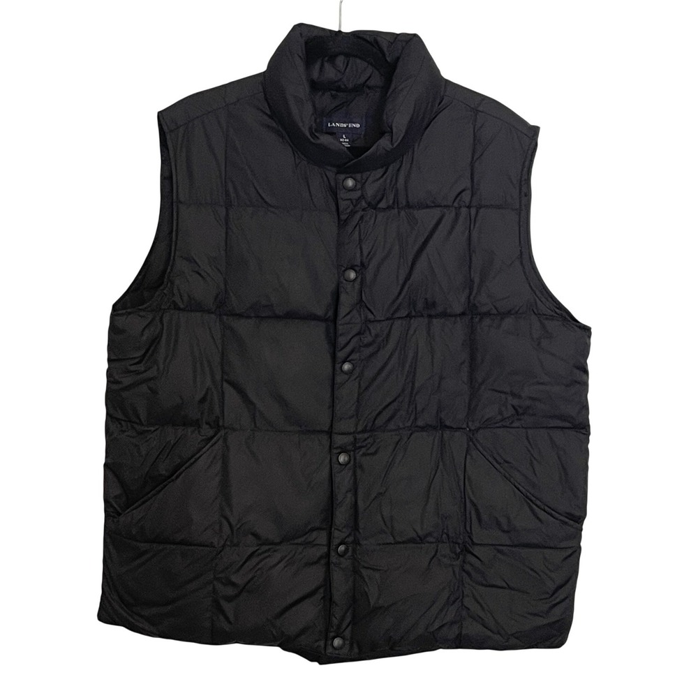 Lands End Men's Black Quilted Down Puffer Vest Full Snapā Collar Size L